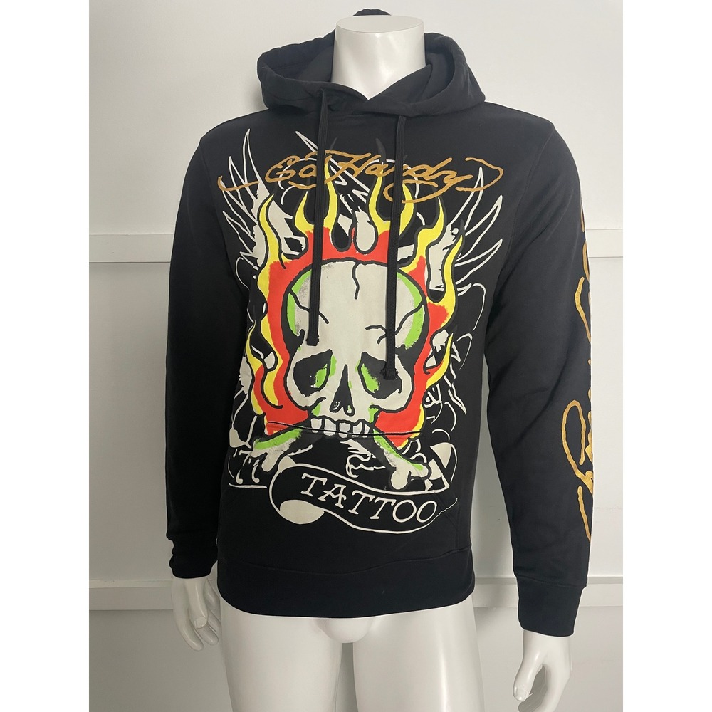 Ed Hardy Mens Black Flaming Skull Tattoo Graphic Hoodie EHM1300-58 Small